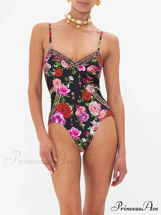 Retro Sling Pattern Open-Back Swimsuit Single Piece BLACK / S onepiece-250223