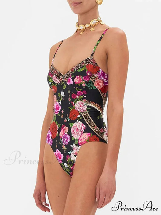 Retro Sling Pattern Open-Back Swimsuit Single Piece onepiece-250223