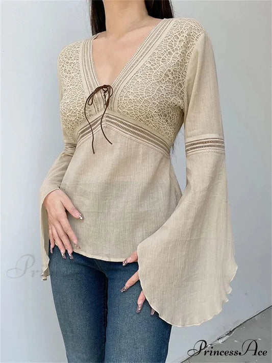 Retro Spring Autumn y2k Fairycore V-neck Long Flare Sleeve T-shirts BEIGE / S