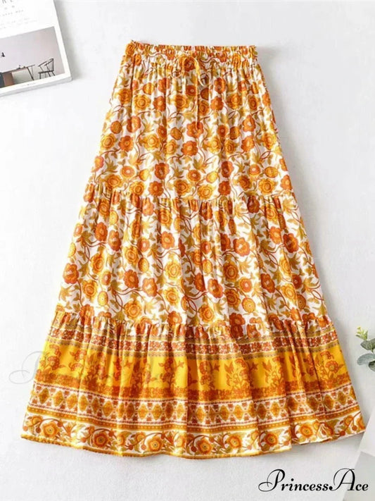 Retro Summer Style Golden Flowered Printed Seaside Boho Cotton Rayon Skirt skirt-250126