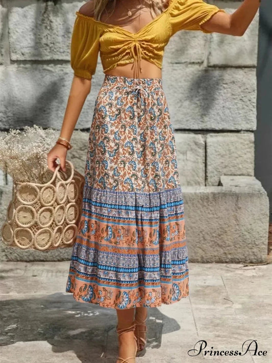 Retro Summery Flower Pattern Shoreline Boho Long A-Line Skirt kahaki / S skirt-250126