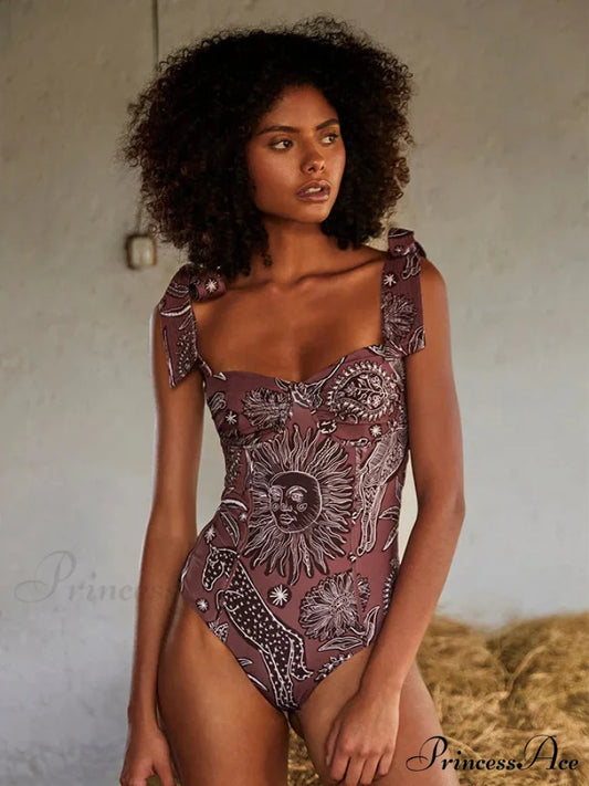 Retro Sun Outline Print Open-Back Swimsuit Single Piece Red / S onepiece-250223