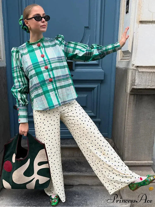 Retro Tartan Opposing Round Neck Blouse Green / S blouse-250223