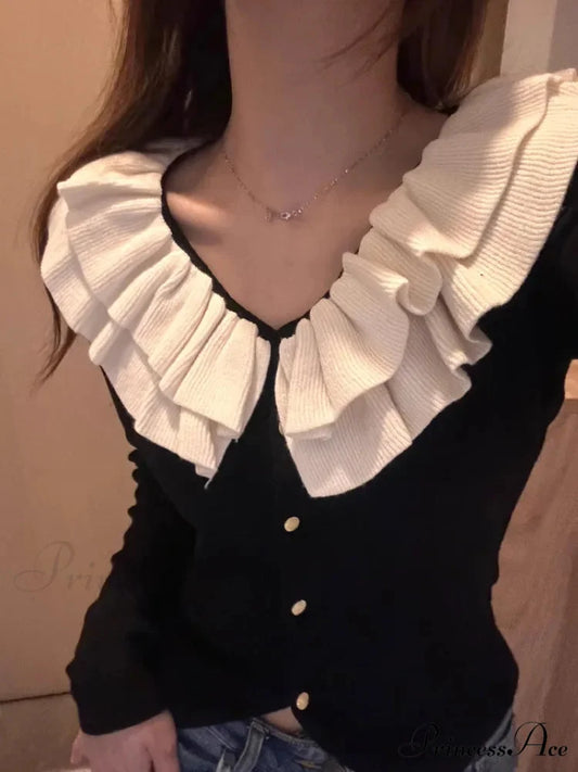 Retro U-Neck Ruffles Knitted Slim Fit Long Sleeve Cardigan Christmas Sweater Black / S