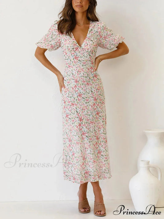Retro V-neck Open-back Floral Dress oldfloraldress-250126