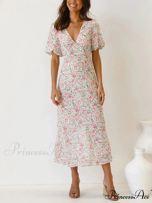 Retro V-neck Open-back Floral Dress Pink / S oldfloraldress-250126