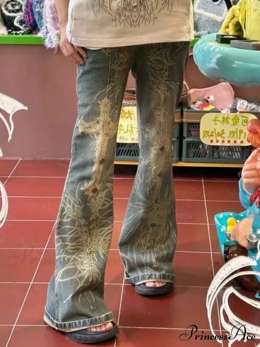 Retro Wash Print Flare Female High Waist Draped Casual American Spice Beaded Old Slim Straight Jean Blue / S