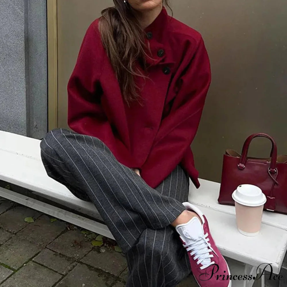 Retro Wine Red Casual Coat Red wine / S