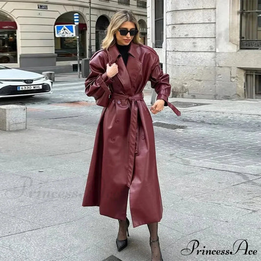 Retro Wine Red Double Breasted Coat Red / S