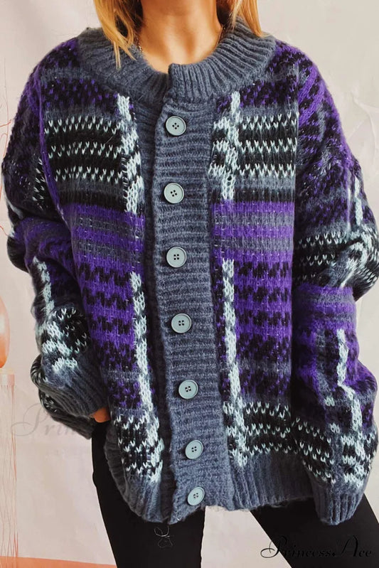 Retro with Striped Cardigan Contrast Purple / M