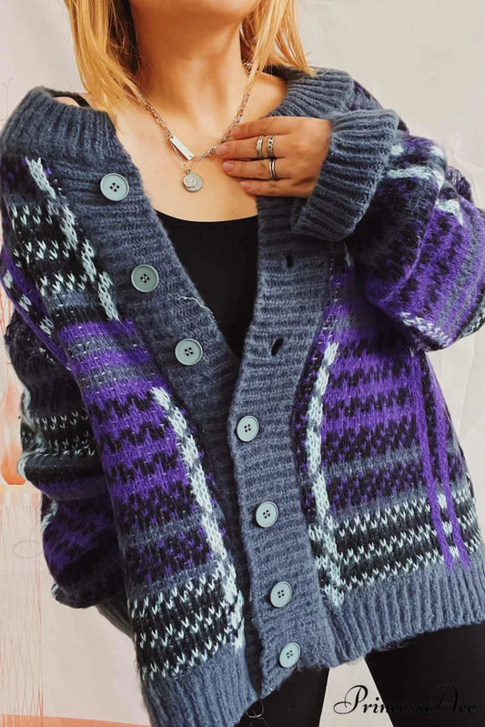 Retro with Striped Cardigan Contrast Purple / S