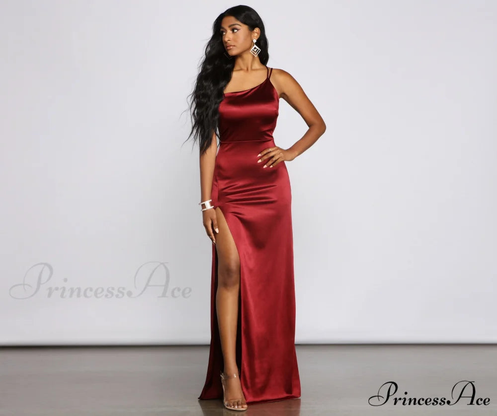 Rhiannon Elegant Satin Dress BURGUNDY / S
