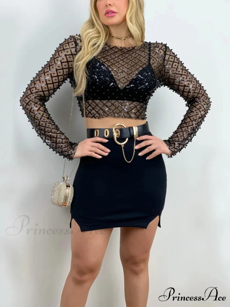 Rhinestone Beaded Y2k Slim Long Sleeve Stylish Elegant Trendy Chic Mesh Crop Top