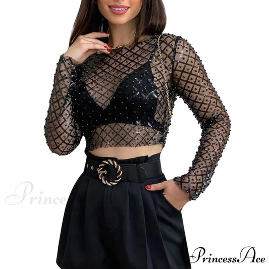Rhinestone Beaded Y2k Slim Long Sleeve Stylish Elegant Trendy Chic Mesh Crop Top Black / S