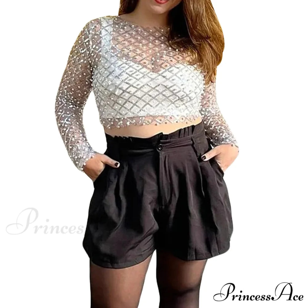 Rhinestone Beaded Y2k Slim Long Sleeve Stylish Elegant Trendy Chic Mesh Crop Top Silver / S