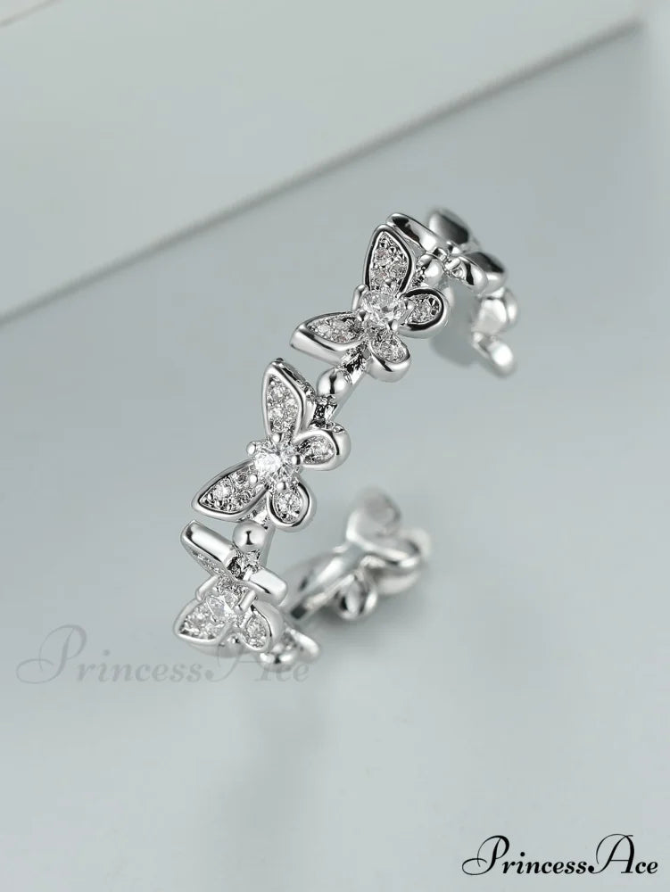 Rhinestone Butterfly Decor Cuff Ring Silver / one-size