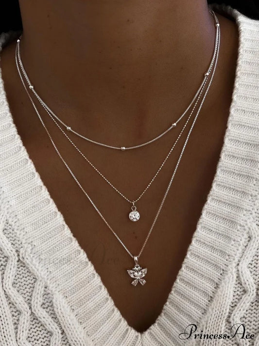 Rhinestone Butterfly Pendant Layered Necklace
