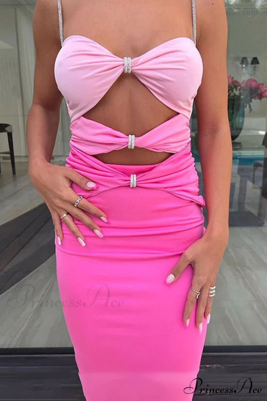 Rhinestone Cut Out Midi Dress with Corset Pink / S
