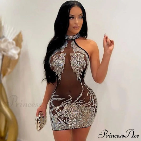 Rhinestone Sexy Gown Party Sparkly for Night Mini Women Gown Sheer with Club Bodycon Mesh Detail Black / S