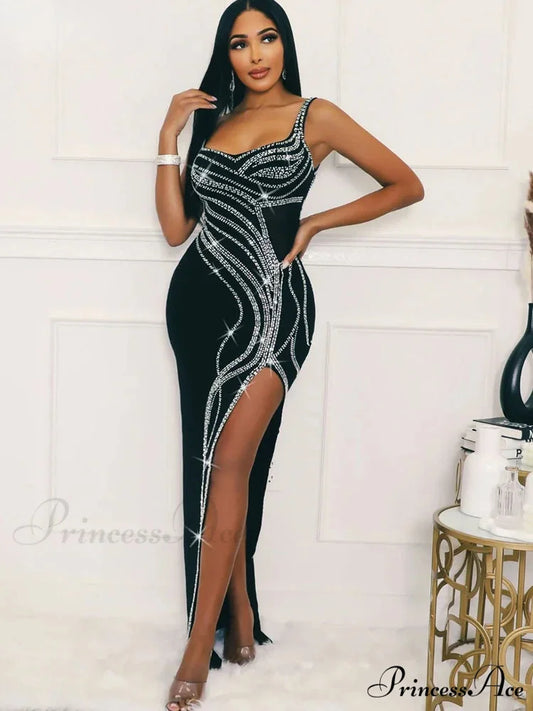 Rhinestone Slit Maxi Party Dress Black / S