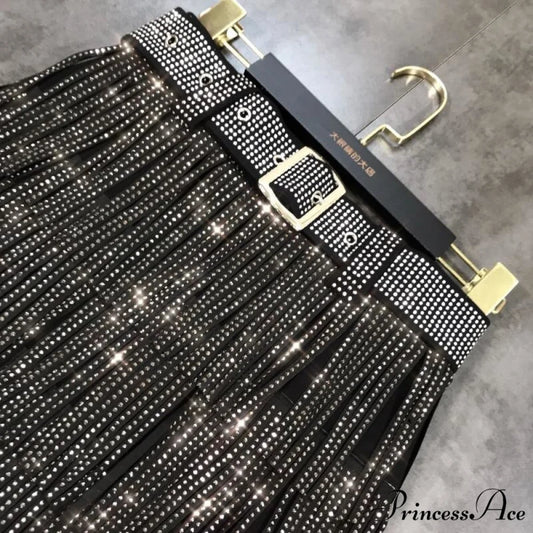 Rhinestones Tassel High Waist Belt Skirt