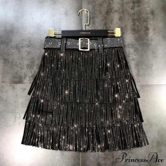 Rhinestones Tassel High Waist Belt Skirt Black / S