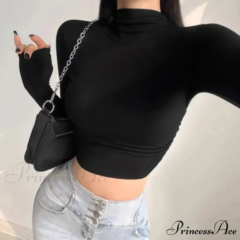Ribbed High Neck Slim Fit Cropped Jumper Black / M swraters-241228