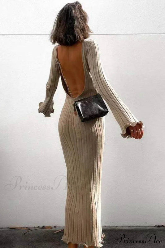 Ribbed Knit Dress with Long Flare Sleeves and Backless Design Khaki / M