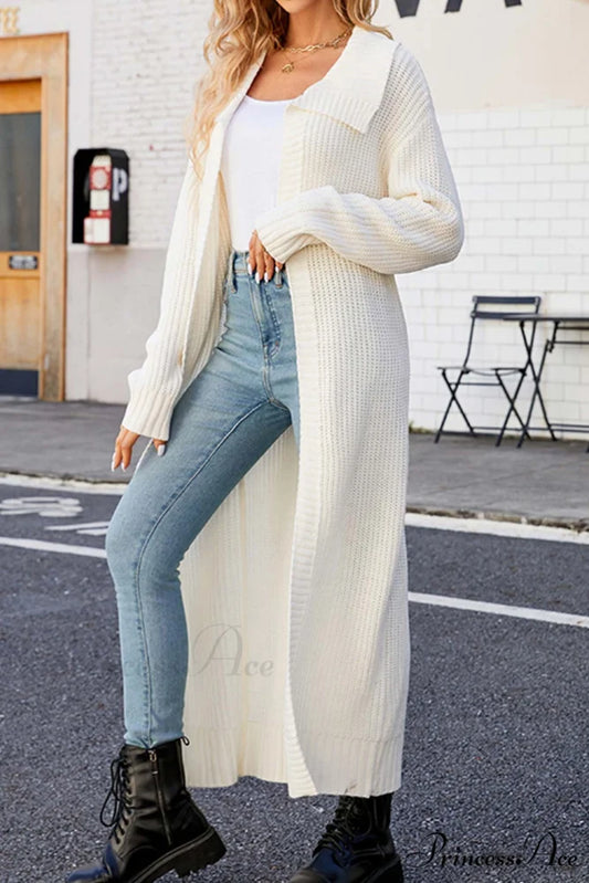Ribbed Knit Open Front Cardigan with Lapel White / XL