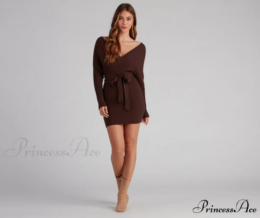 Ribbed Knit Tie-Front Charming Mini Sweater Dress
