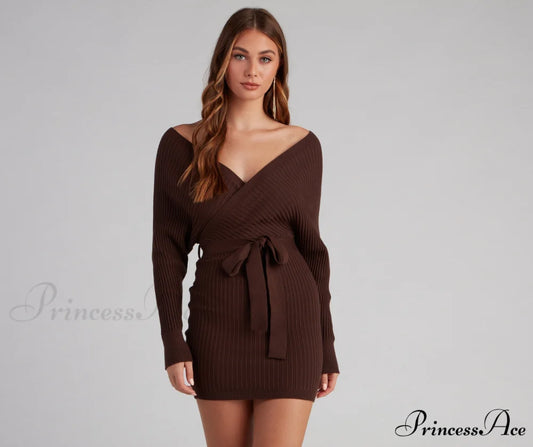 Ribbed Knit Tie-Front Charming Mini Sweater Dress BROWN / XS