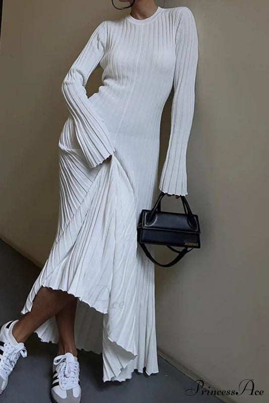 Ribbed Knit Tie-waist Dress White / S