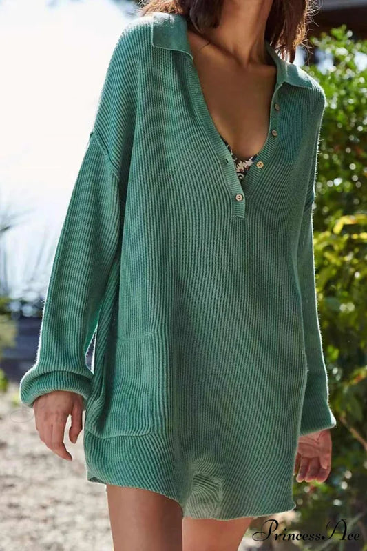 Ribbed Rompers with Lapel and Long Sleeves Green / S