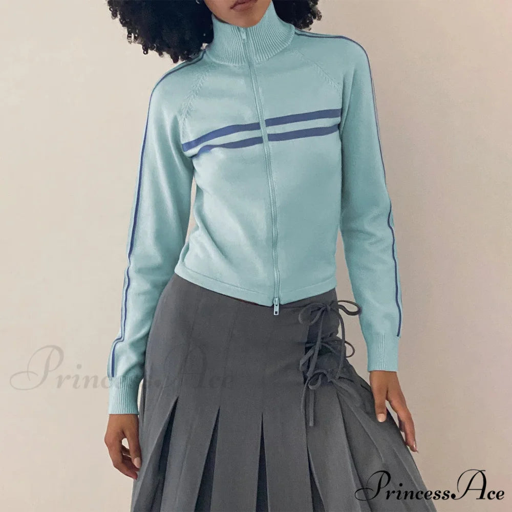 Ribbed Stripe Stylish Zipper Pullover Jacket Blue / S