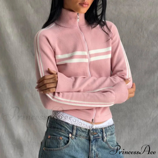 Ribbed Stripe Stylish Zipper Pullover Jacket Pink / S