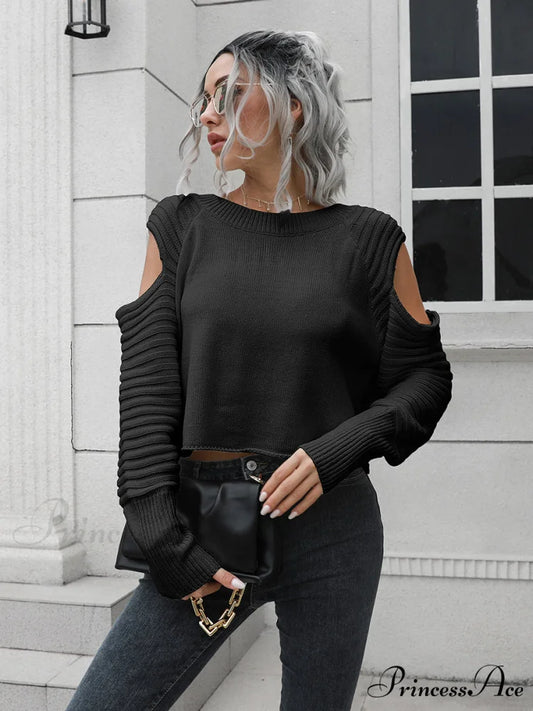 Ribbed Trim Cold-Shoulder Sweater Black / S