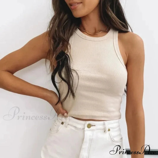 Ribbed Women White 2024 Summer Casual Fitness Short Vest Candy Knitted Off Shoulder Crop Women Tank top Beige / S
