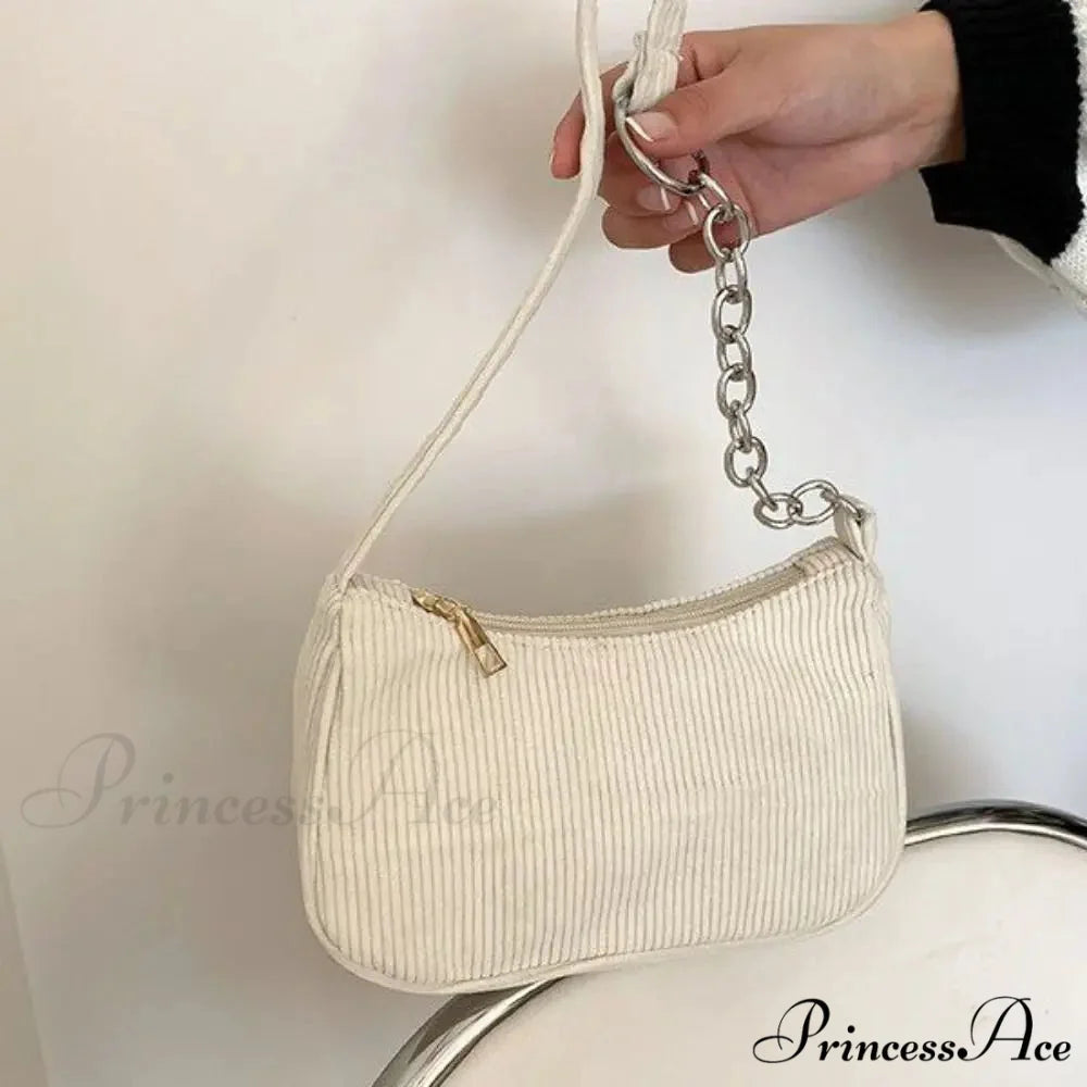 Ribbed Zipper Armpit Shoulder Purse Chain-White shoulder-250126