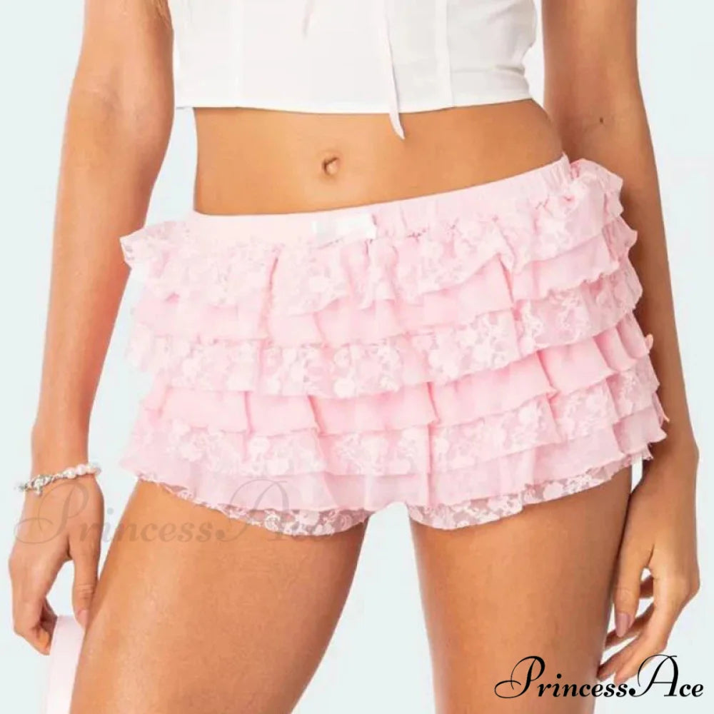 Ribbon Lace Trim Japanese Street Style Brief pink / S short-250223