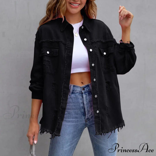 Ripped Distressed Denim Single Breasted Turn Down Collar Washed Jacket Black / S