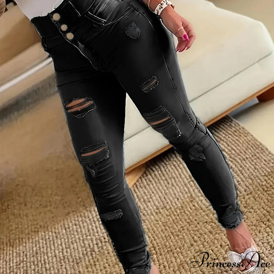 Ripped Holes Casual Skinny Slash Pockets Distressed Single-Breasted Button High Waist Denim Jean BLACK / S