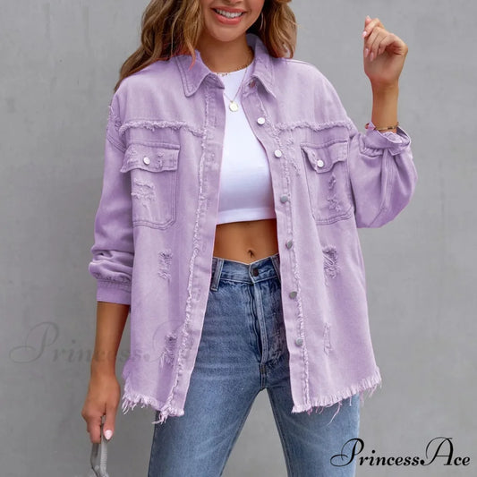 Ripped Oversized Denim Wi Pocket Solid Lapel Button Chic Stylish Elegant Fashionable Versatile Winter Outer Jacket
