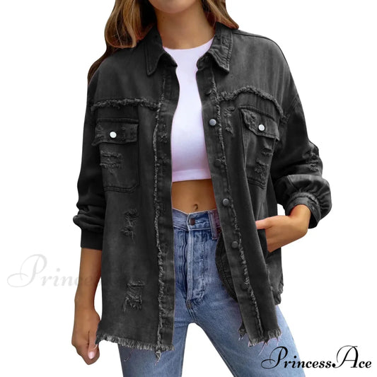 Ripped Oversized Denim Wi Pocket Solid Lapel Button Chic Stylish Elegant Fashionable Versatile Winter Outer Jacket