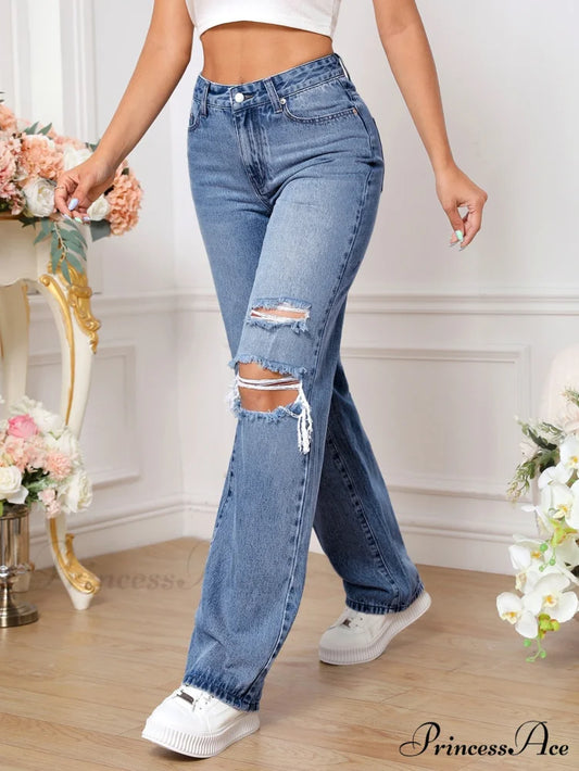 Ripped Straight Leg Jeans Light Wash / Tall XS