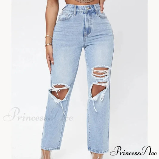 Ripped Women’s Casual Fashion High Waist Straight Leg Loose Denim Ladies Streetwear Jean