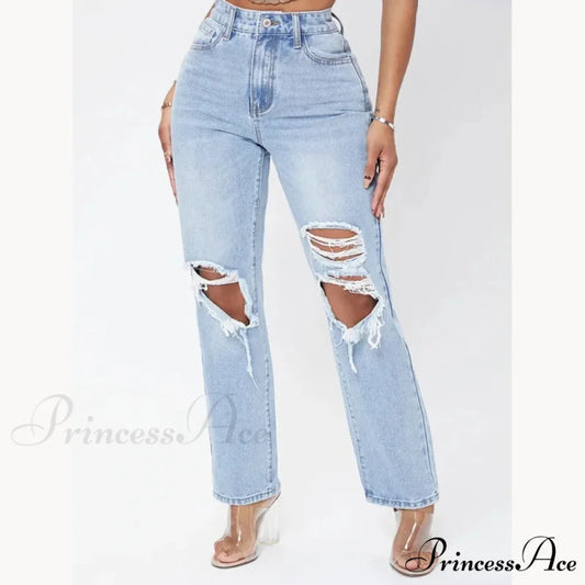 Ripped Women’s Casual Fashion High Waist Straight Leg Loose Denim Ladies Streetwear Jean Blue / M
