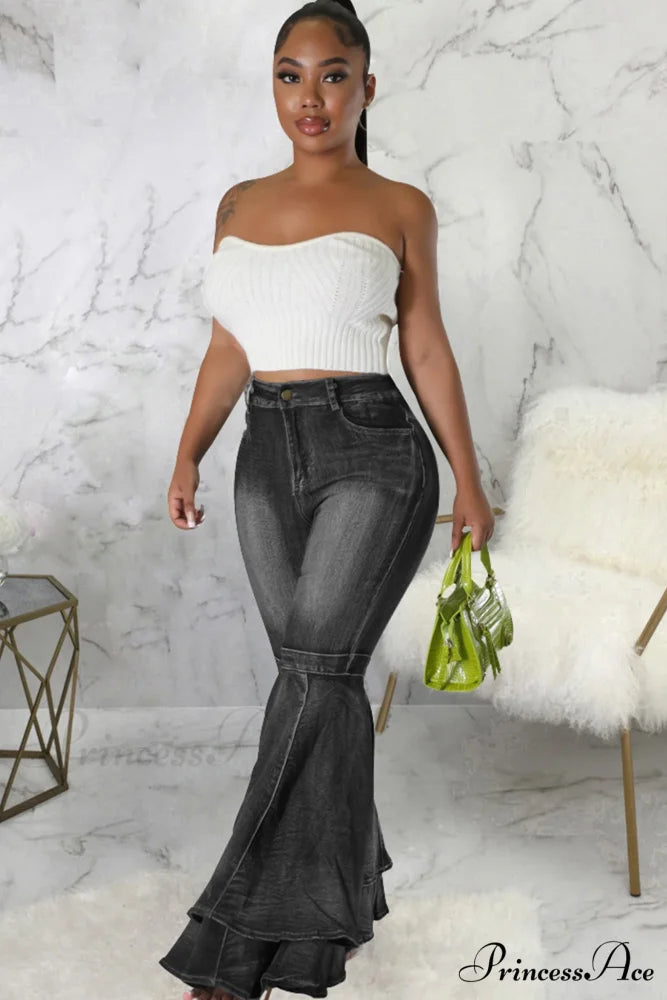 Rise Flares Tiered High Jeans Black / 2XL