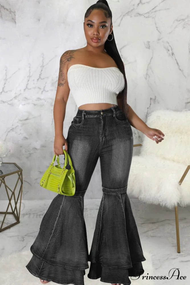 Rise Flares Tiered High Jeans Black / L