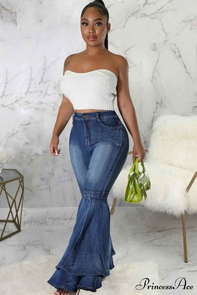 Rise Flares Tiered High Jeans Blue / L