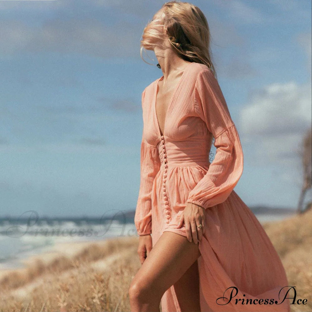 Romance V Neck Single-breasted Long Sleeve Maxi Dress Pink / S